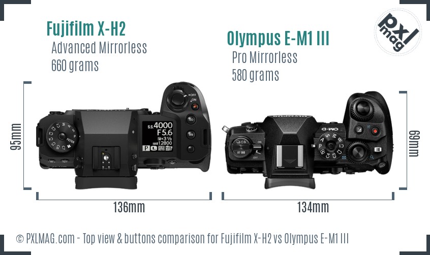 Fujifilm X-H2 vs Olympus E-M1 III top view buttons comparison