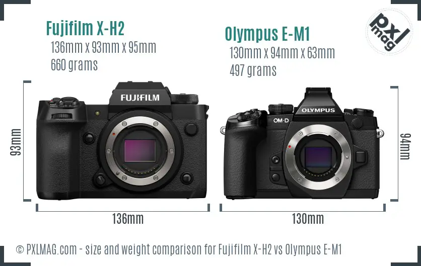 Fujifilm X-H2 vs Olympus E-M1 size comparison