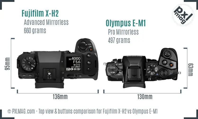 Fujifilm X-H2 vs Olympus E-M1 top view buttons comparison