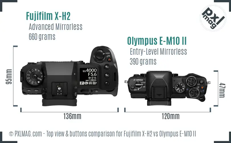 Fujifilm X-H2 vs Olympus E-M10 II top view buttons comparison Fujifilm X-H2 vs Olympus E-M10 II top view buttons comparison