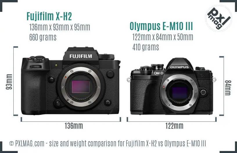 Fujifilm X-H2 vs Olympus E-M10 III size comparison