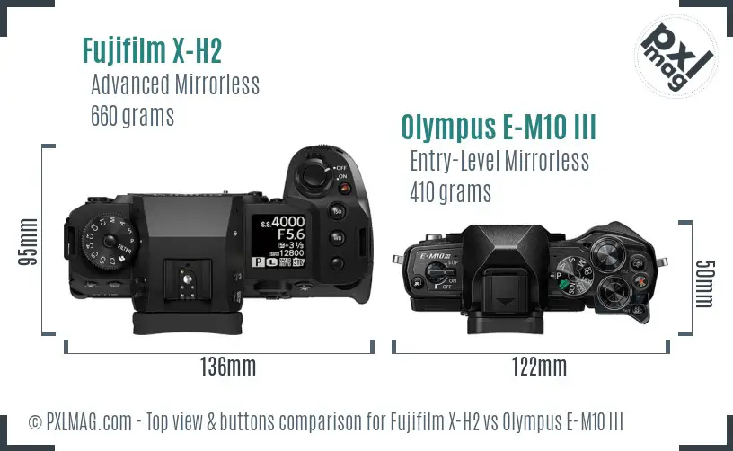 Fujifilm X-H2 vs Olympus E-M10 III top view buttons comparison