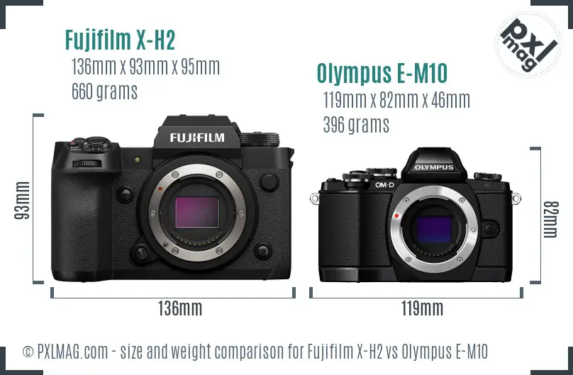 Fujifilm X-H2 vs Olympus E-M10 size comparison