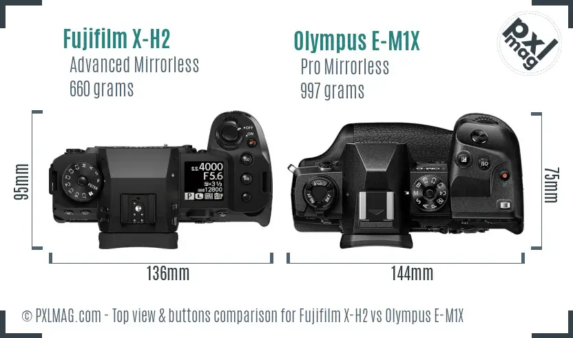 Fujifilm X-H2 vs Olympus E-M1X top view buttons comparison