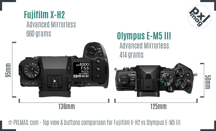 Fujifilm X-H2 vs Olympus E-M5 III top view buttons comparison