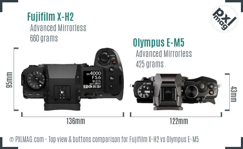 Fujifilm X-H2 vs Olympus E-M5 top view buttons comparison