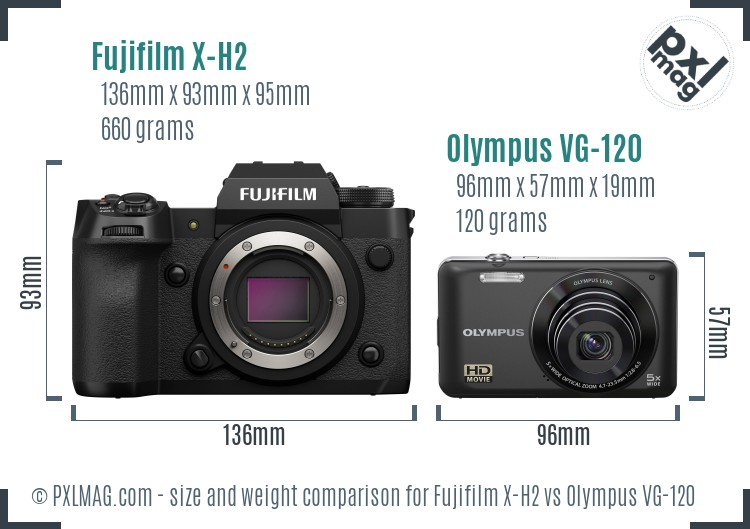 Fujifilm X-H2 vs Olympus VG-120 size comparison