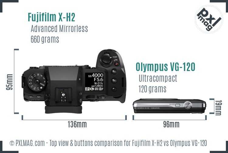 Fujifilm X-H2 vs Olympus VG-120 top view buttons comparison