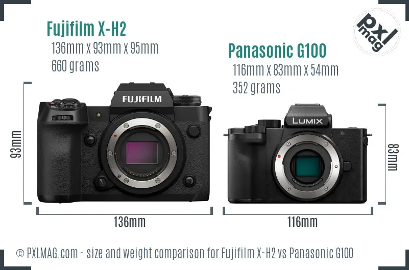 Fujifilm X-H2 vs Panasonic G100 size comparison Fujifilm X-H2 vs Panasonic G100 size comparison