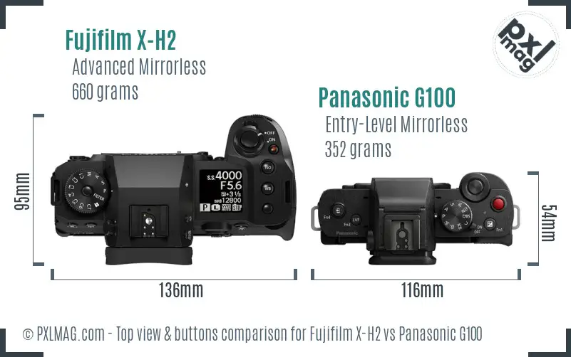 Fujifilm X-H2 vs Panasonic G100 top view buttons comparison Fujifilm X-H2 vs Panasonic G100 top view buttons comparison