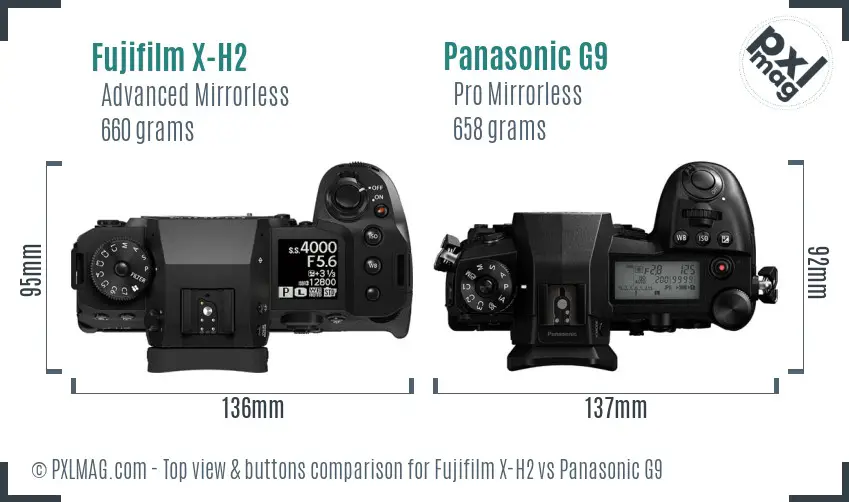 Fujifilm X-H2 vs Panasonic G9 top view buttons comparison