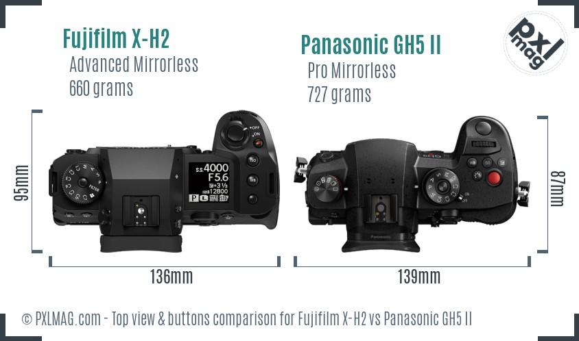 Fujifilm X-H2 vs Panasonic GH5 II top view buttons comparison