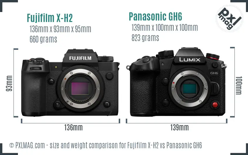 Fujifilm X-H2 vs Panasonic GH6 size comparison