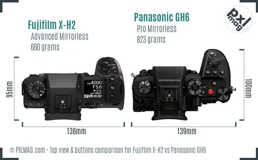 Fujifilm X-H2 vs Panasonic GH6 top view buttons comparison