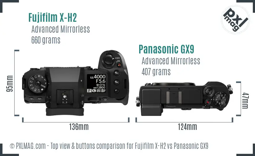 Fujifilm X-H2 vs Panasonic GX9 top view buttons comparison