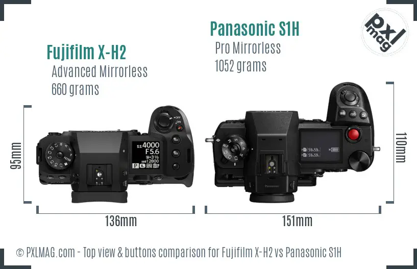 Fujifilm X-H2 vs Panasonic S1H top view buttons comparison Fujifilm X-H2 vs Panasonic S1H top view buttons comparison