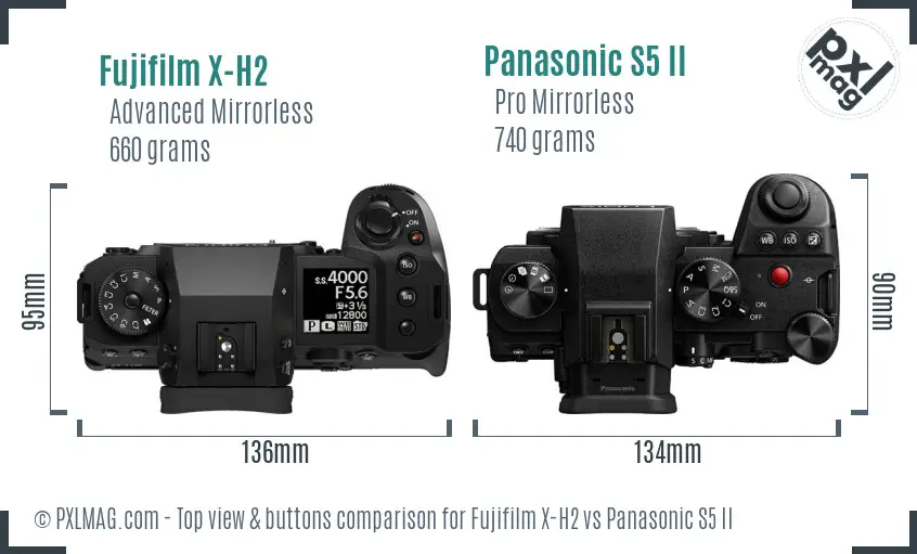 Fujifilm X-H2 vs Panasonic S5 II top view buttons comparison Fujifilm X-H2 vs Panasonic S5 II top view buttons comparison