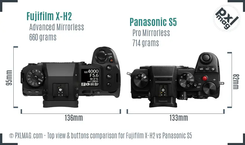 Fujifilm X-H2 vs Panasonic S5 top view buttons comparison