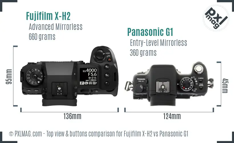 Fujifilm X-H2 vs Panasonic G1 top view buttons comparison Fujifilm X-H2 vs Panasonic G1 top view buttons comparison