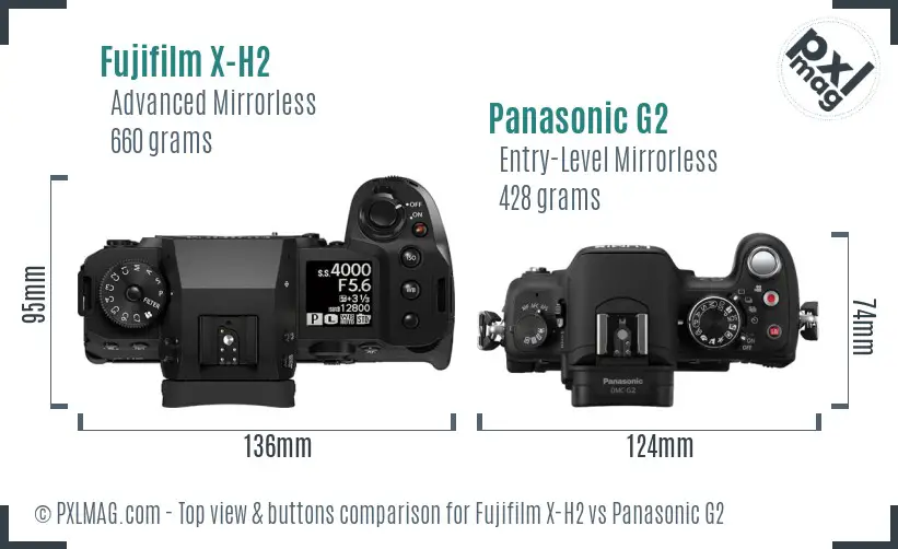 Fujifilm X-H2 vs Panasonic G2 top view buttons comparison