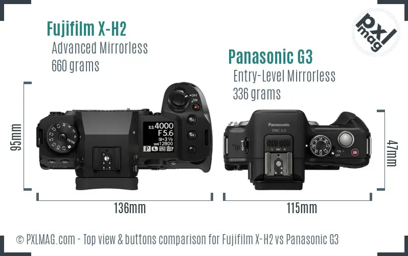 Fujifilm X-H2 vs Panasonic G3 top view buttons comparison
