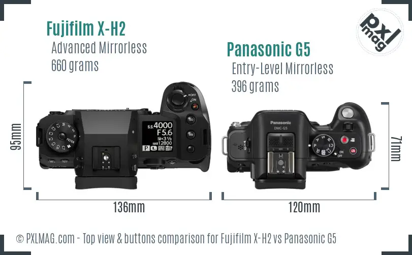 Fujifilm X-H2 vs Panasonic G5 top view buttons comparison