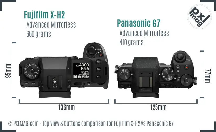 Fujifilm X-H2 vs Panasonic G7 top view buttons comparison