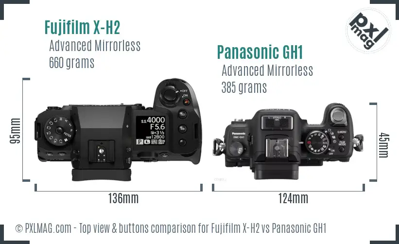 Fujifilm X-H2 vs Panasonic GH1 top view buttons comparison
