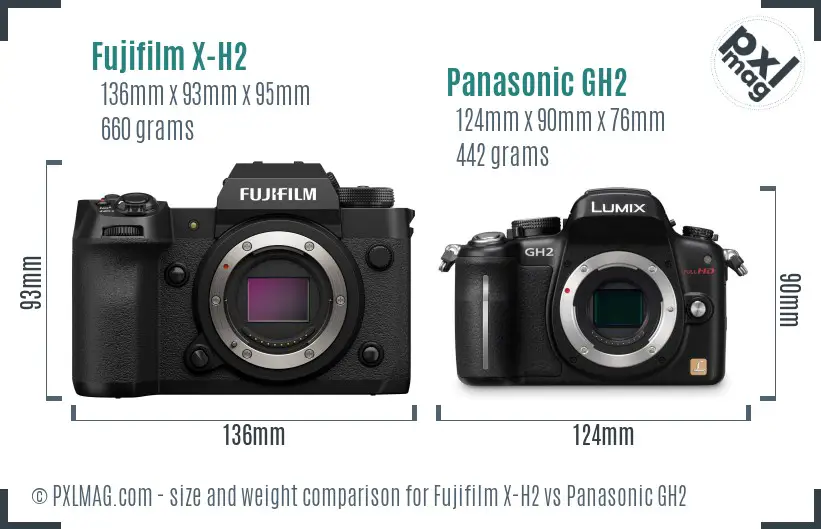 Fujifilm X-H2 vs Panasonic GH2 size comparison