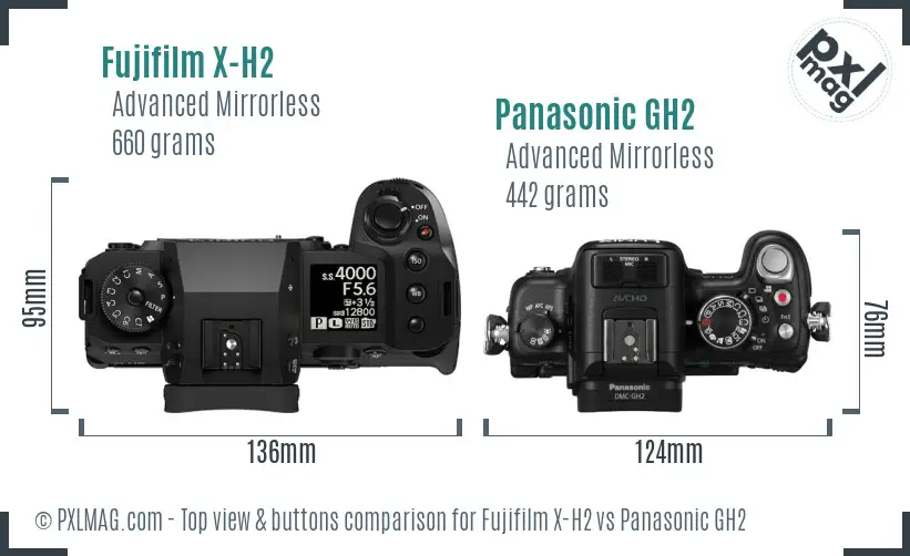 Fujifilm X-H2 vs Panasonic GH2 top view buttons comparison
