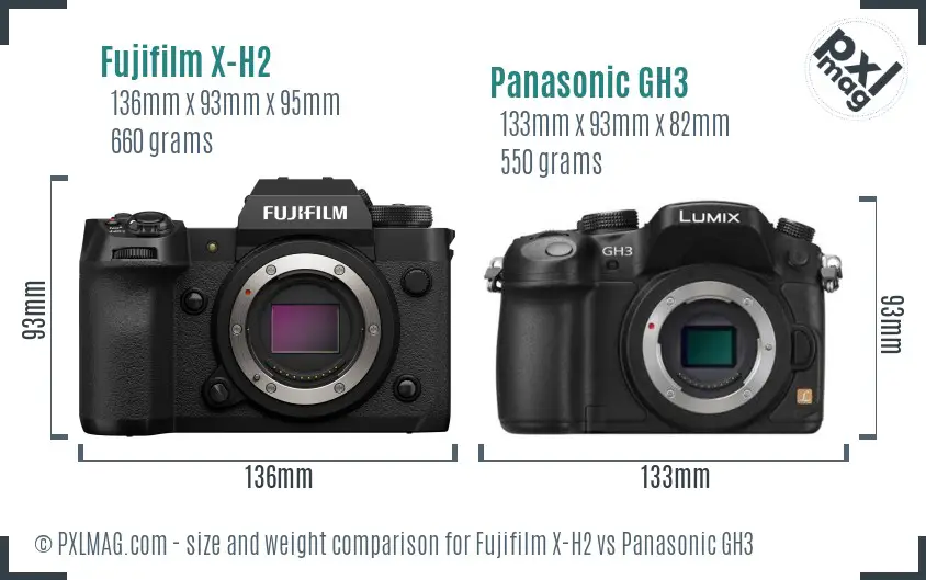 Fujifilm X-H2 vs Panasonic GH3 size comparison