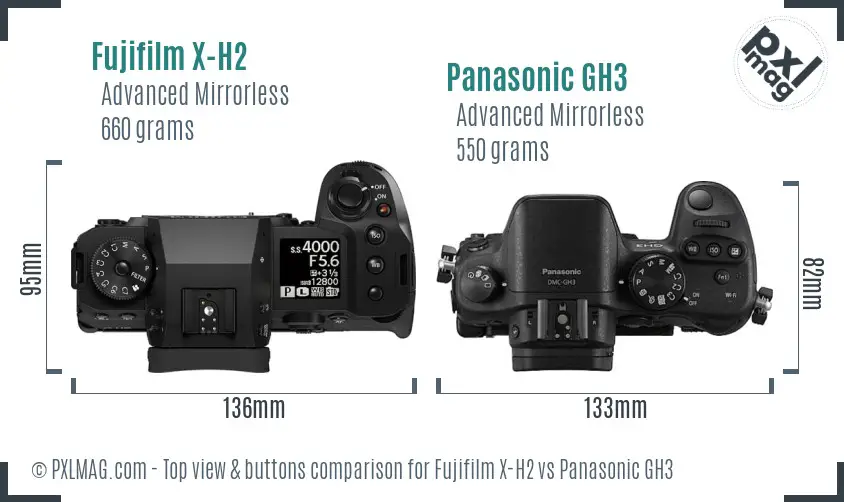 Fujifilm X-H2 vs Panasonic GH3 top view buttons comparison