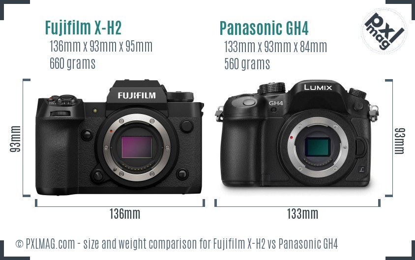 Fujifilm X-H2 vs Panasonic GH4 size comparison