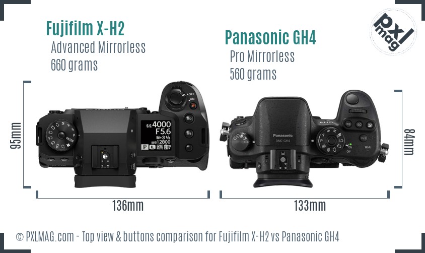 Fujifilm X-H2 vs Panasonic GH4 top view buttons comparison