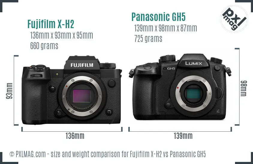 Fujifilm X-H2 vs Panasonic GH5 size comparison