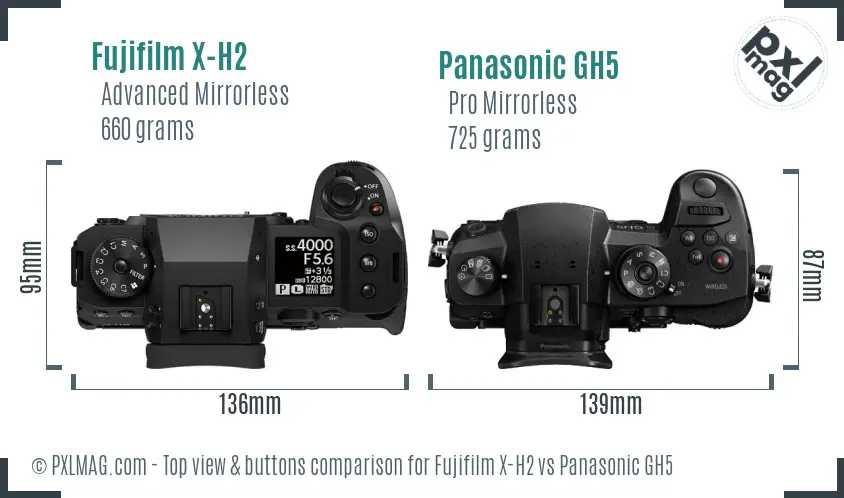 Fujifilm X-H2 vs Panasonic GH5 top view buttons comparison