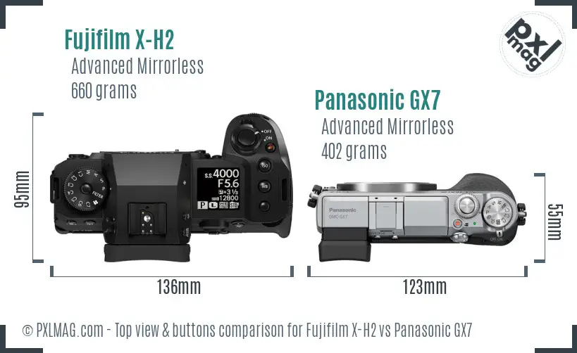 Fujifilm X-H2 vs Panasonic GX7 top view buttons comparison