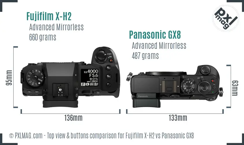 Fujifilm X-H2 vs Panasonic GX8 top view buttons comparison