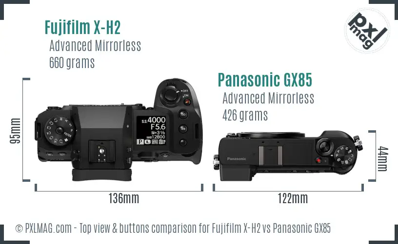 Fujifilm X-H2 vs Panasonic GX85 top view buttons comparison