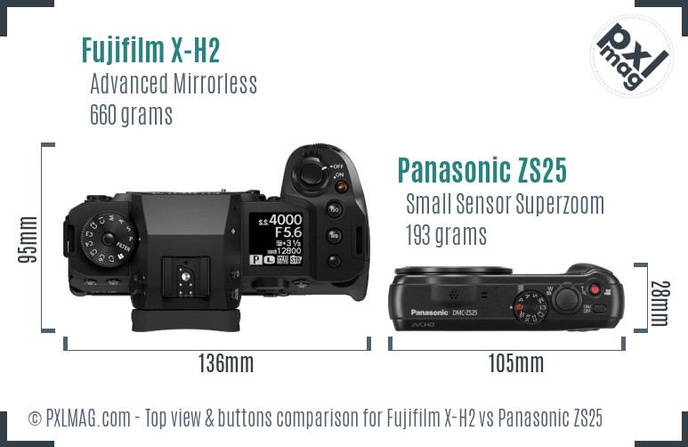 Fujifilm X-H2 vs Panasonic ZS25 top view buttons comparison