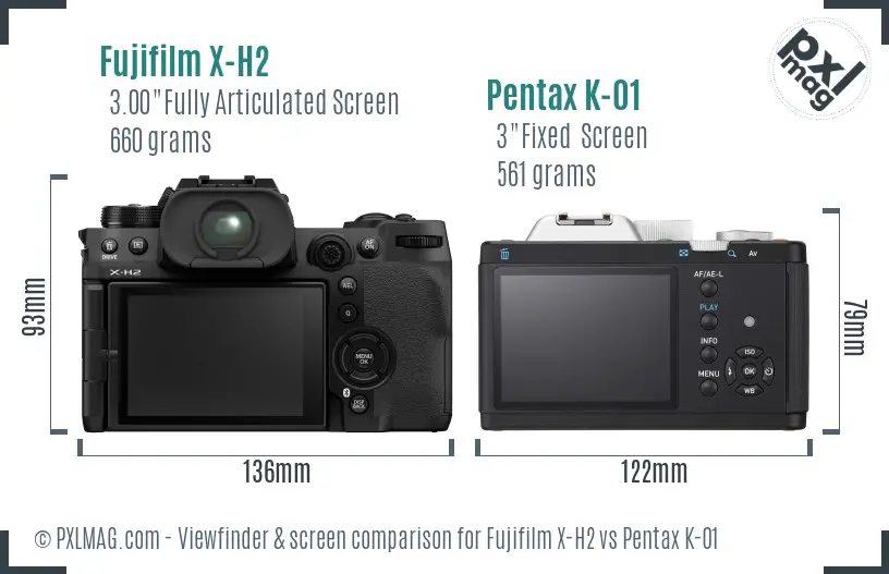 Fujifilm X-H2 vs Pentax K-01 Screen and Viewfinder comparison