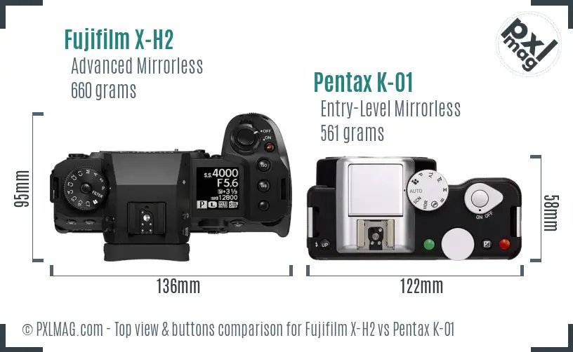 Fujifilm X-H2 vs Pentax K-01 top view buttons comparison