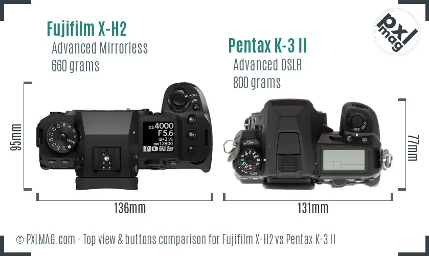 Fujifilm X-H2 vs Pentax K-3 II top view buttons comparison Fujifilm X-H2 vs Pentax K-3 II top view buttons comparison