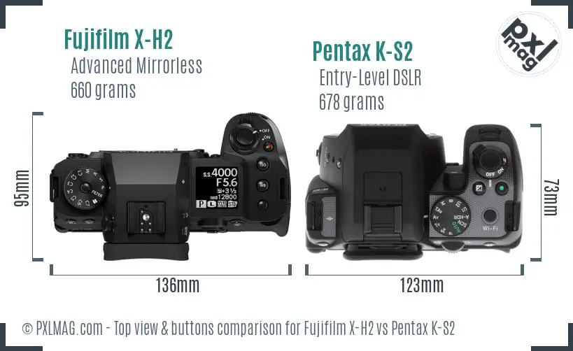 Fujifilm X-H2 vs Pentax K-S2 top view buttons comparison Fujifilm X-H2 vs Pentax K-S2 top view buttons comparison