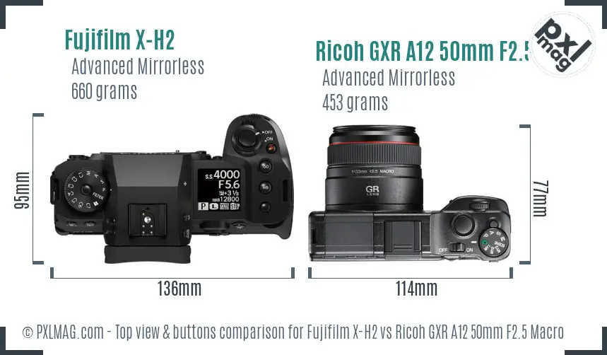 Fujifilm X-H2 vs Ricoh GXR A12 50mm F2.5 Macro top view buttons comparison