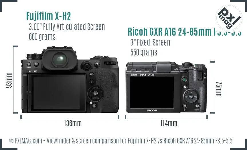 Fujifilm X-H2 vs Ricoh GXR A16 24-85mm F3.5-5.5 Screen and Viewfinder comparison