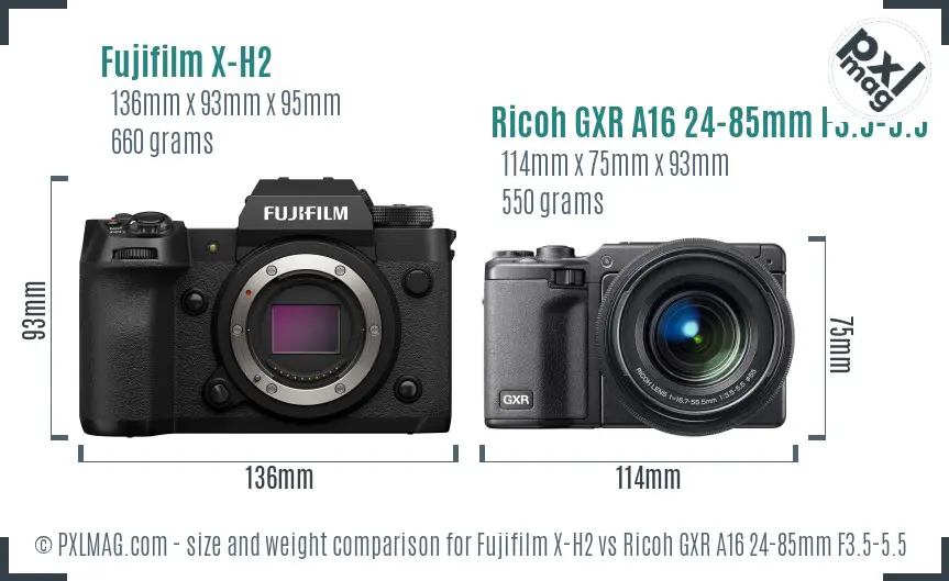Fujifilm X-H2 vs Ricoh GXR A16 24-85mm F3.5-5.5 size comparison