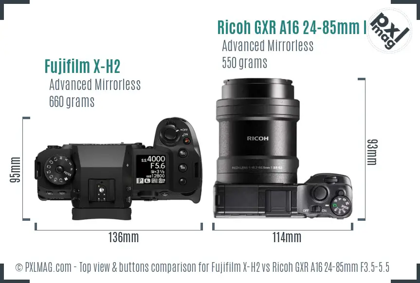 Fujifilm X-H2 vs Ricoh GXR A16 24-85mm F3.5-5.5 top view buttons comparison