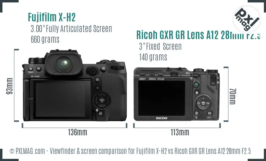 Fujifilm X-H2 vs Ricoh GXR GR Lens A12 28mm F2.5 Screen and Viewfinder comparison