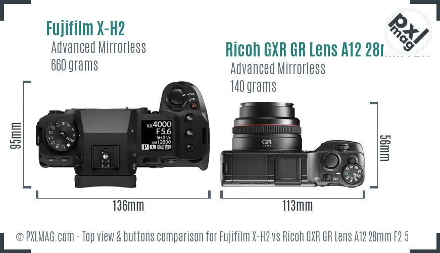 Fujifilm X-H2 vs Ricoh GXR GR Lens A12 28mm F2.5 top view buttons comparison
